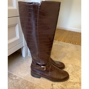 AEROSOLE Croc Embossed Leather Riding Boots, Lace Up/Zip up, Brown, Women’s 7